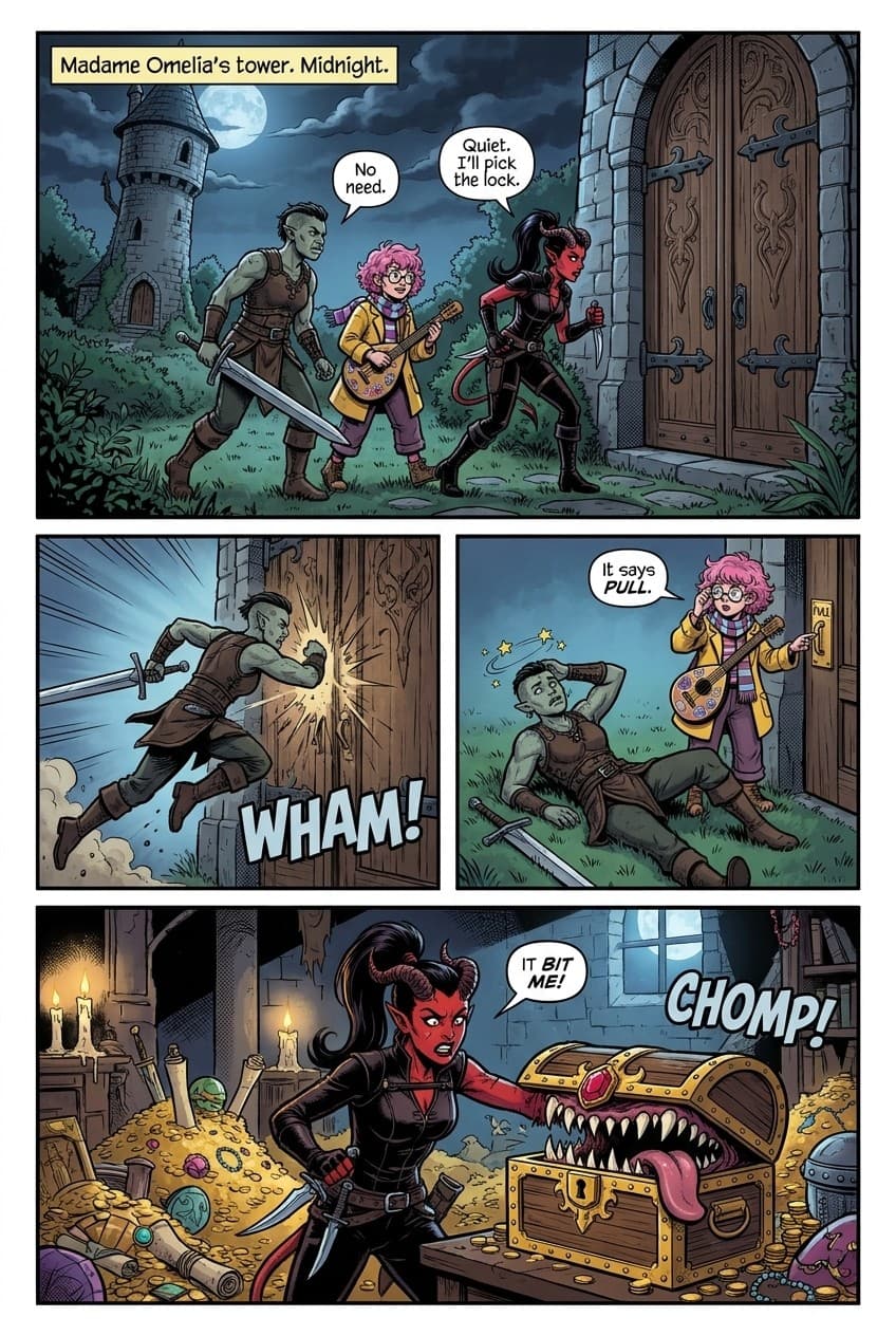 Page 1 of Chester the Mimic in four panels: the party sneaks up to Madame Omelia’s tower; Thorga hits the door with a WHAM; Lili points at a sign that says PULL; a treasure chest bites Vex’s arm with a CHOMP.