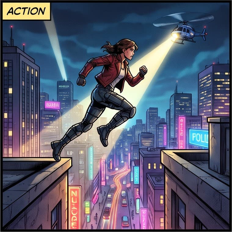 Action: a woman runs across a rooftop at night under a helicopter searchlight