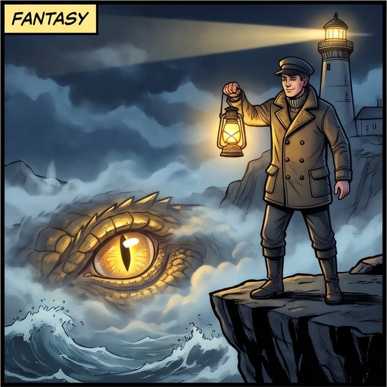 Fantasy: a lighthouse keeper with a lantern faces a dragon’s eye in the sea