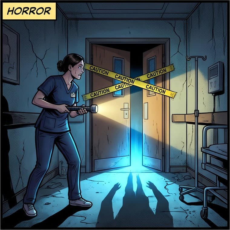 Horror: a nurse with a flashlight at a taped-off door in a dark hospital