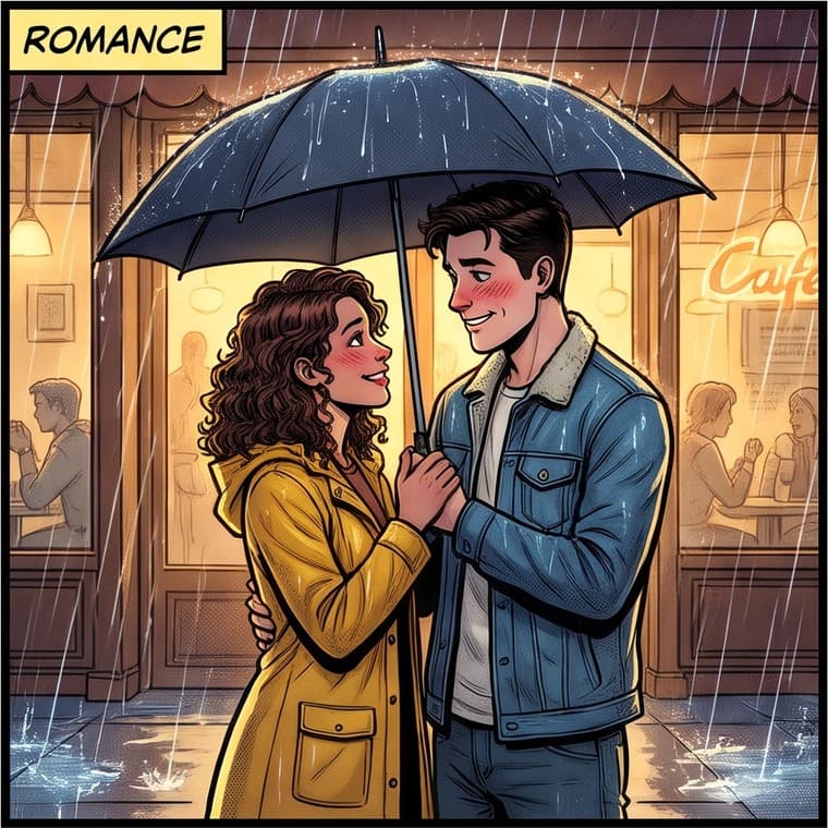Romance: a couple under an umbrella in the rain outside a café