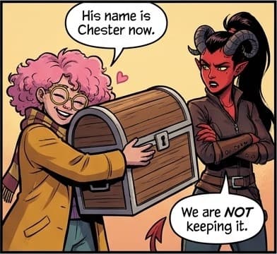 Comic panel: Lili hugs the treasure chest and says His name is Chester now