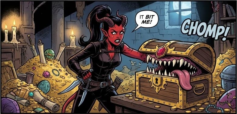 Panel: the treasure chest bites Vex’s arm, CHOMP!