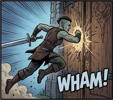 Panel: Thorga slams into the door, WHAM!