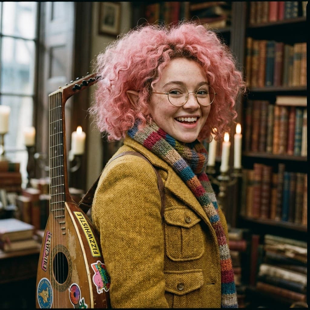 Example photo: a woman with pink curly hair, round glasses and a yellow coat, holding a lute