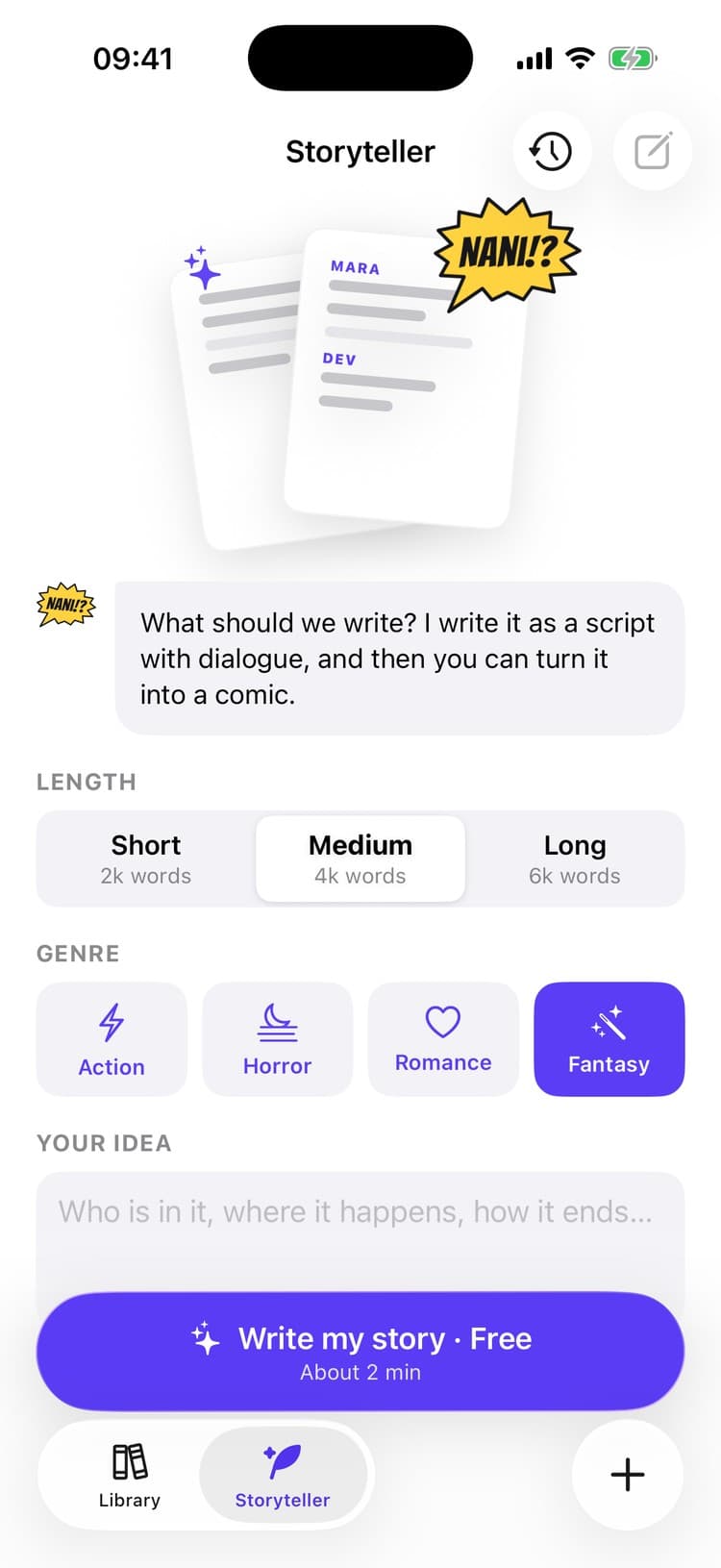 Storyteller in the app: length, genre and your idea, with the button Write my story, Free