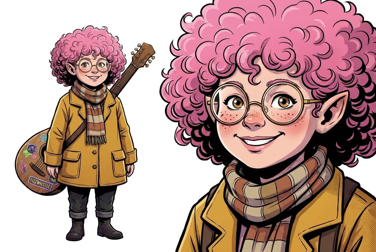 Lili drawn as a comic character: full body and a close-up of her face